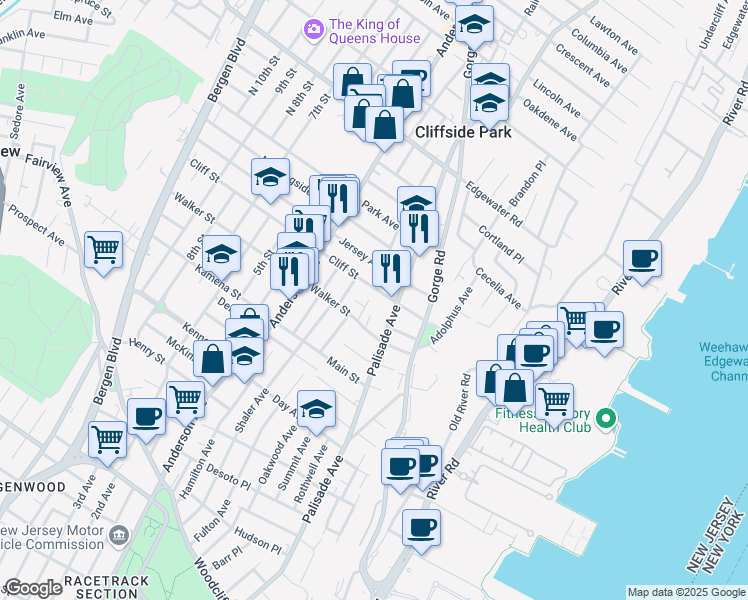 map of restaurants, bars, coffee shops, grocery stores, and more near 224 Cliff Street in Cliffside Park