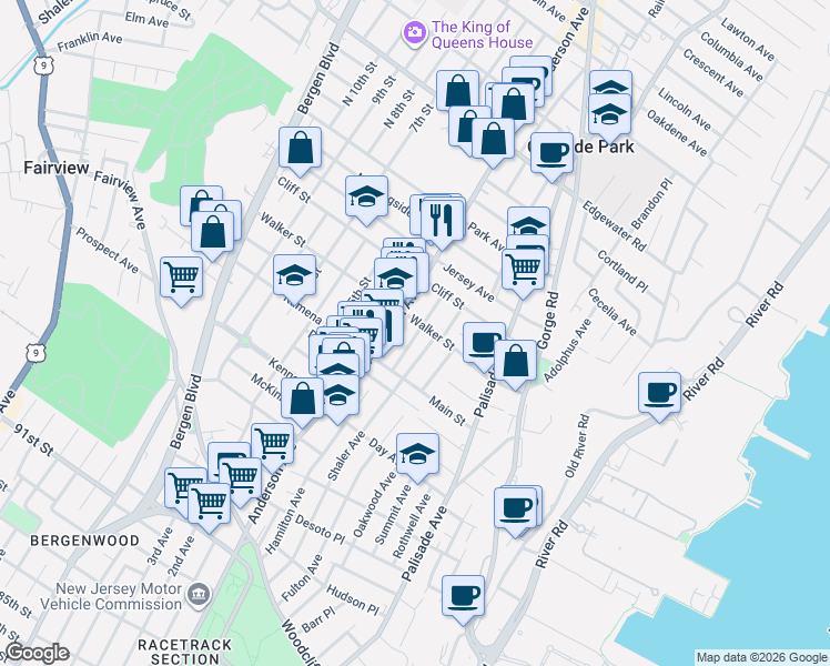 map of restaurants, bars, coffee shops, grocery stores, and more near 239 Anderson Avenue in Fairview