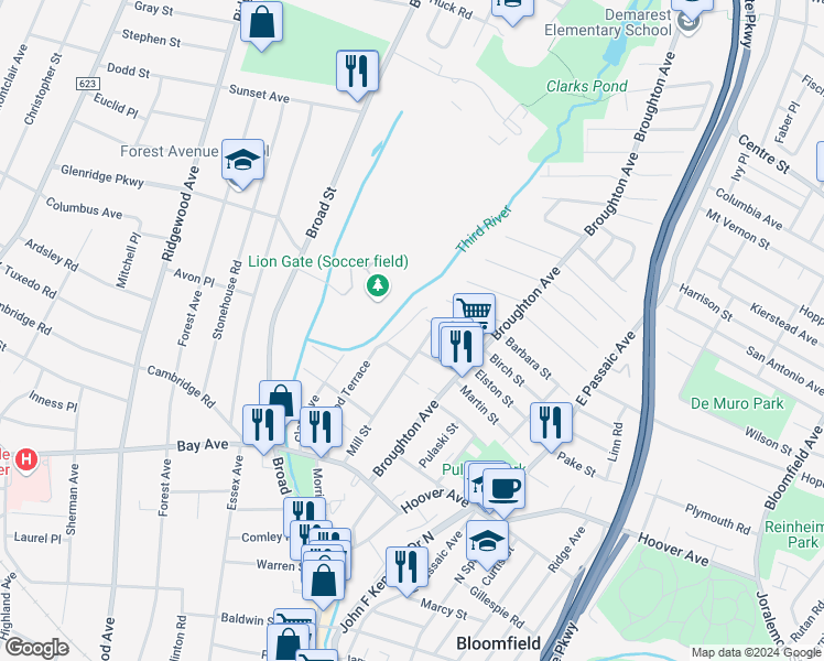 map of restaurants, bars, coffee shops, grocery stores, and more near 243 Lakewood Drive in Bloomfield