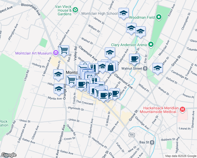 map of restaurants, bars, coffee shops, grocery stores, and more near 33 Cottage Place in Montclair