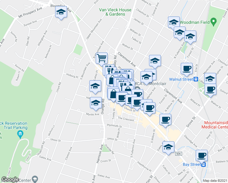 map of restaurants, bars, coffee shops, grocery stores, and more near in Montclair