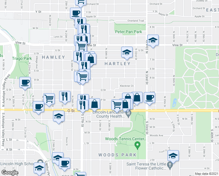 map of restaurants, bars, coffee shops, grocery stores, and more near 330 North 30th Street in Lincoln