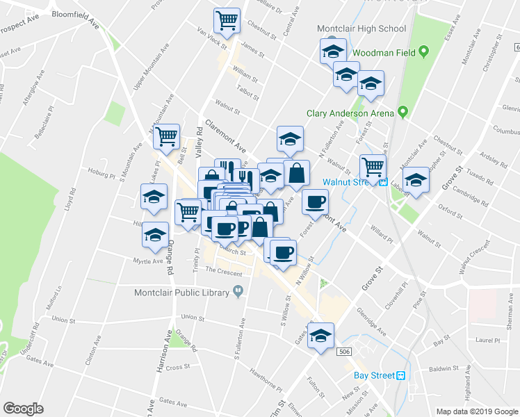 map of restaurants, bars, coffee shops, grocery stores, and more near 16 Munn Street in Montclair