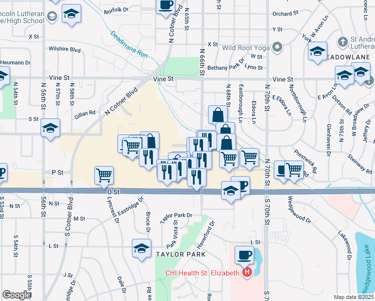 map of restaurants, bars, coffee shops, grocery stores, and more near 6401 Q Street in Lincoln