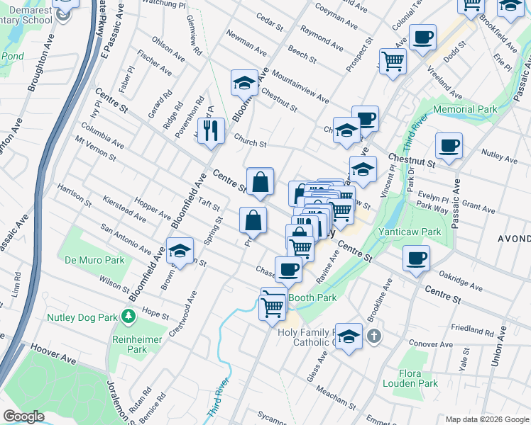 map of restaurants, bars, coffee shops, grocery stores, and more near in Nutley