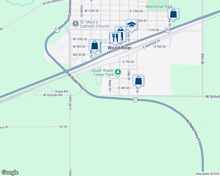 map of restaurants, bars, coffee shops, grocery stores, and more near 401 Main Street in Wood River