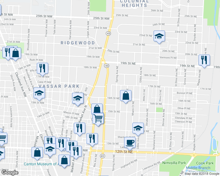 map of restaurants, bars, coffee shops, grocery stores, and more near 1639 Esther Avenue Northeast in Canton