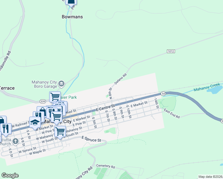 map of restaurants, bars, coffee shops, grocery stores, and more near 7 Delano Road in Mahanoy City