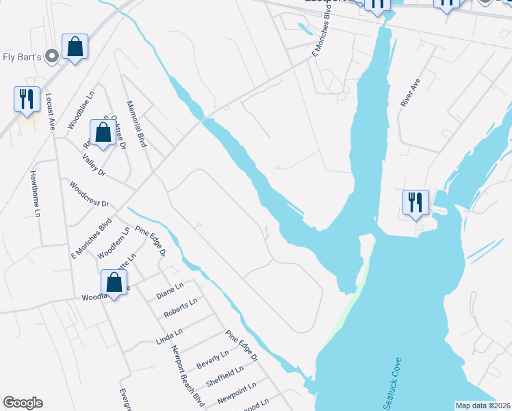map of restaurants, bars, coffee shops, grocery stores, and more near 68 Inlet View Path in East Moriches