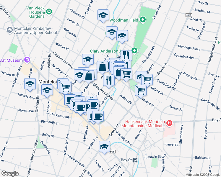map of restaurants, bars, coffee shops, grocery stores, and more near 66 North Willow Street in Montclair Township
