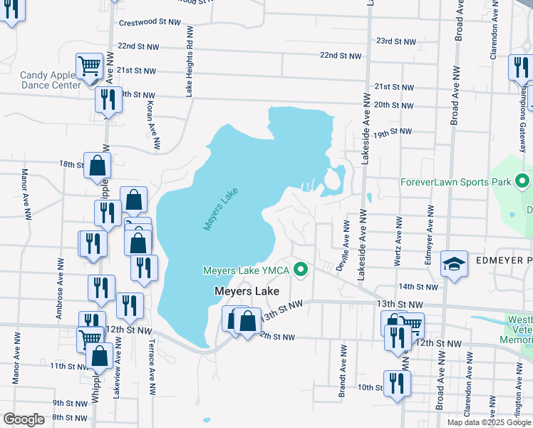 map of restaurants, bars, coffee shops, grocery stores, and more near 1716 North Park Avenue Northwest in Canton
