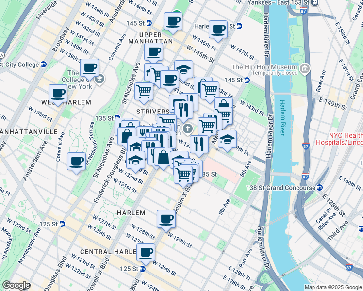 map of restaurants, bars, coffee shops, grocery stores, and more near 174 West 137th Street in New York