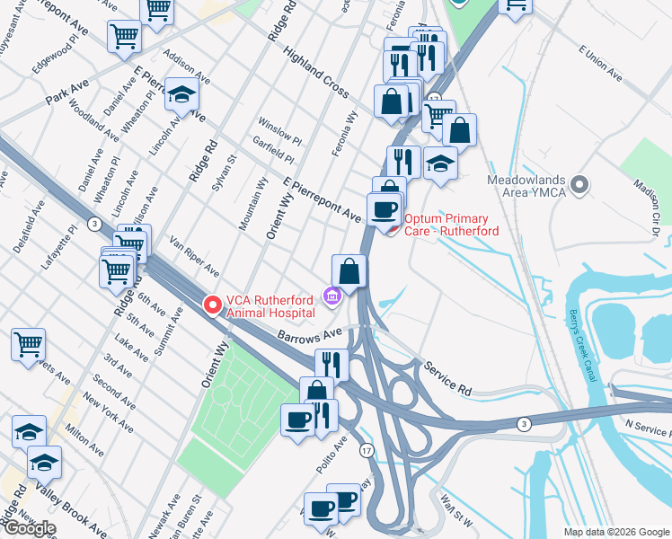 map of restaurants, bars, coffee shops, grocery stores, and more near 21 Highfield Lane in Rutherford