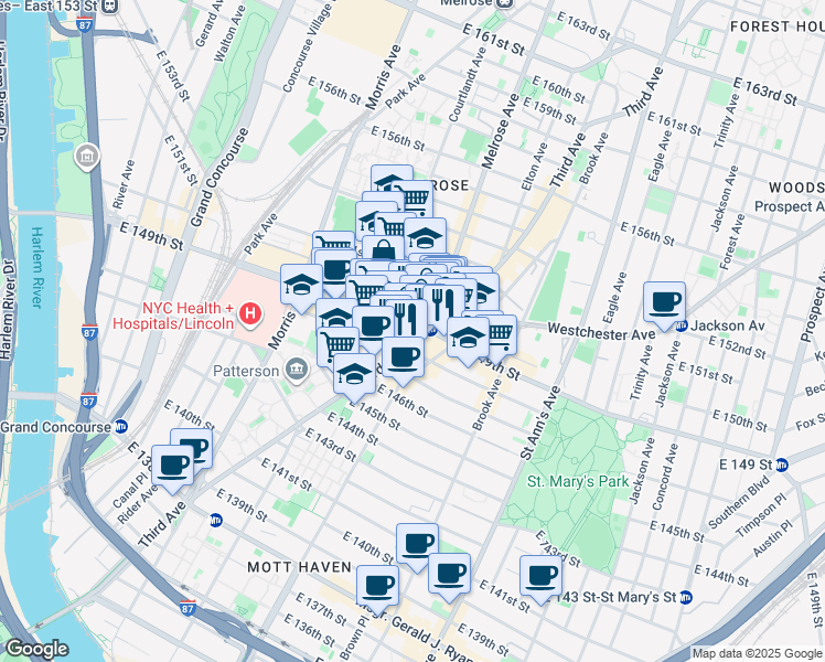 map of restaurants, bars, coffee shops, grocery stores, and more near 530 Willis Avenue in The Bronx