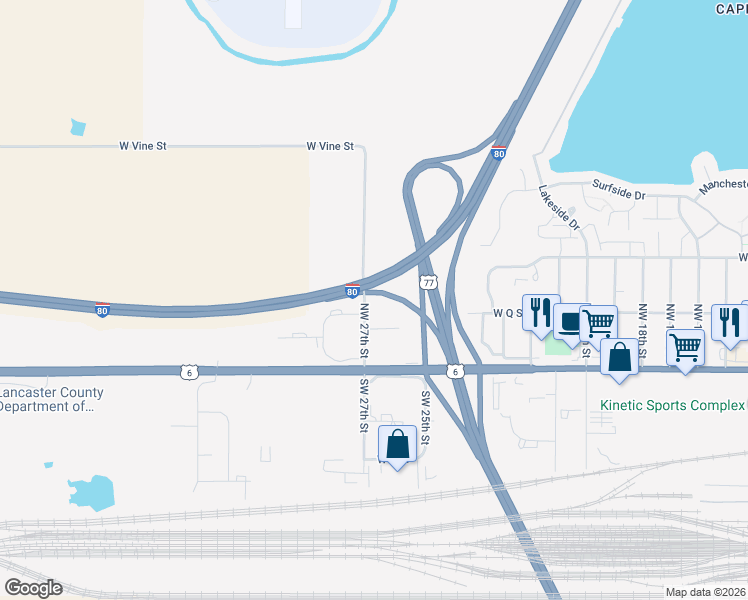 map of restaurants, bars, coffee shops, grocery stores, and more near Interstate 80 in Lincoln