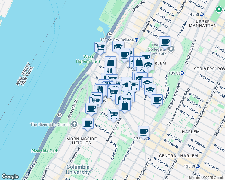 map of restaurants, bars, coffee shops, grocery stores, and more near 566 West 126th Street in New York