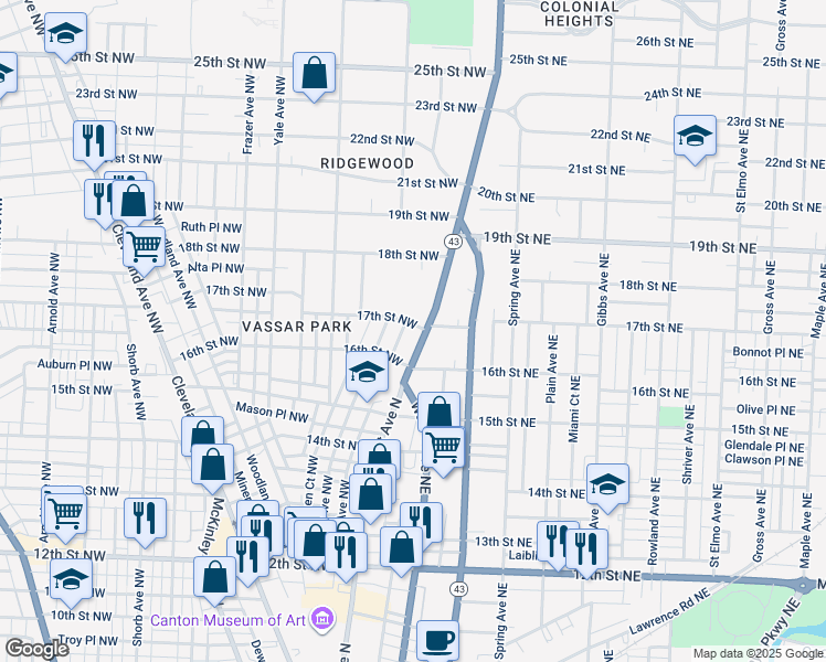 map of restaurants, bars, coffee shops, grocery stores, and more near 1627 Market Avenue North in Canton
