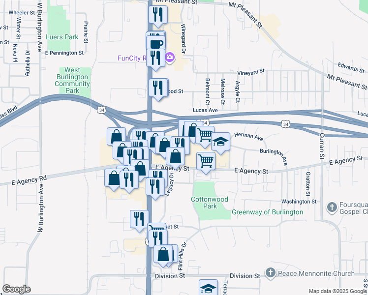 map of restaurants, bars, coffee shops, grocery stores, and more near 3200 East Agency Street in Burlington
