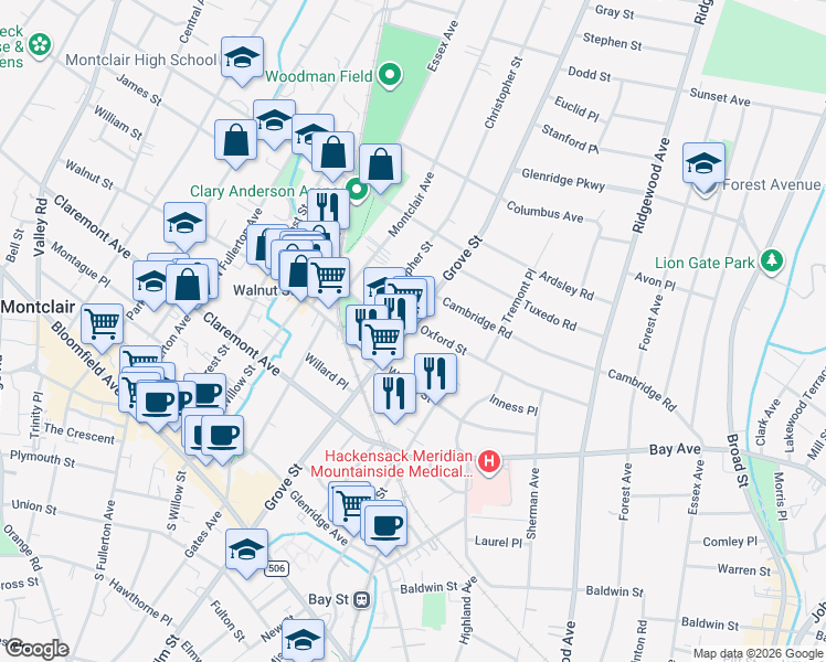 map of restaurants, bars, coffee shops, grocery stores, and more near 135 Grove Street in Montclair