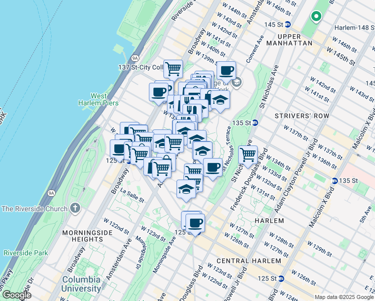 map of restaurants, bars, coffee shops, grocery stores, and more near 470 West 131st Street in New York