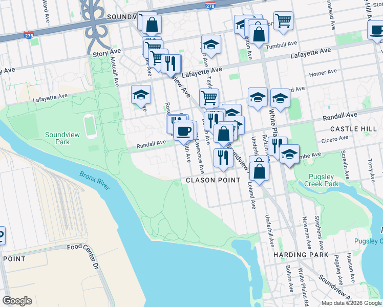 map of restaurants, bars, coffee shops, grocery stores, and more near 1764 Randall Avenue in Bronx