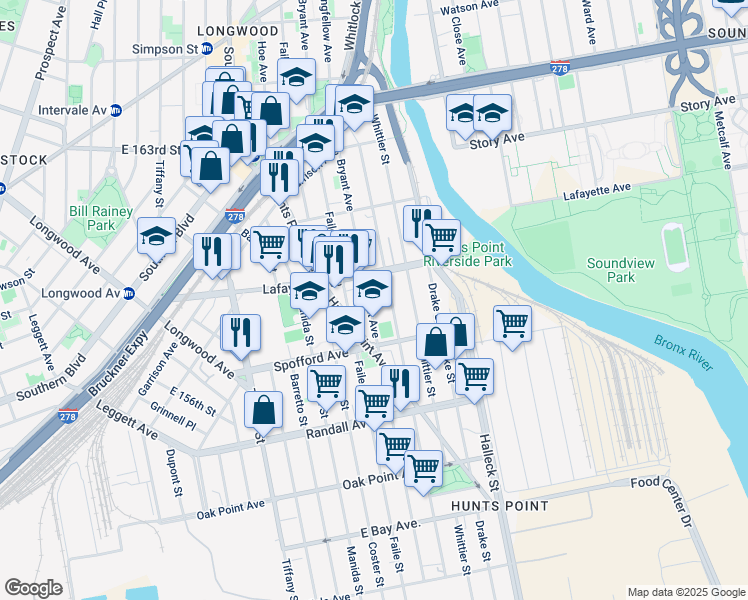 map of restaurants, bars, coffee shops, grocery stores, and more near 760 Bryant Avenue in The Bronx
