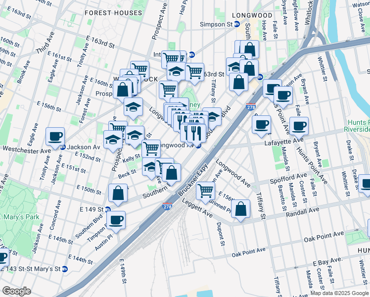 map of restaurants, bars, coffee shops, grocery stores, and more near 783 Fox Street in Bronx