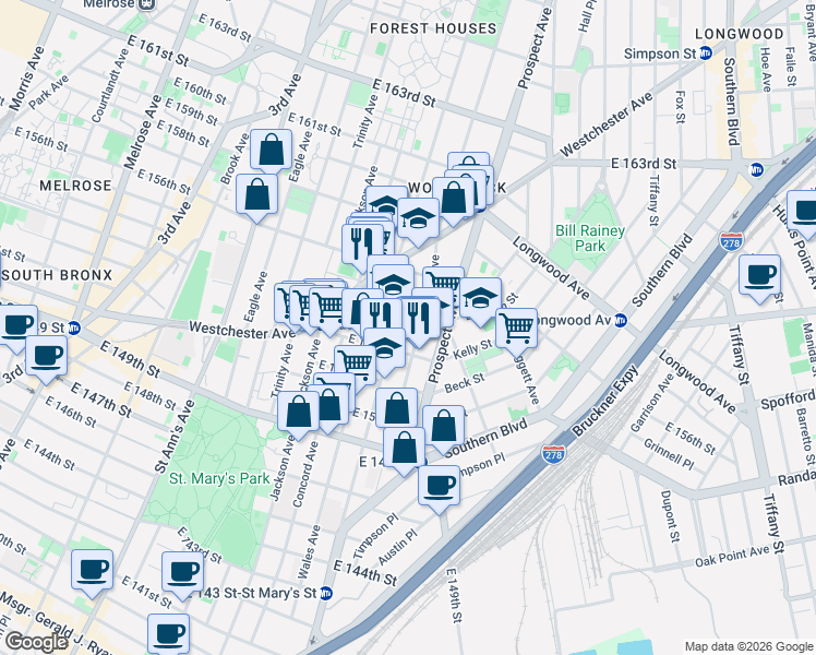 map of restaurants, bars, coffee shops, grocery stores, and more near 690 Tinton Avenue in The Bronx