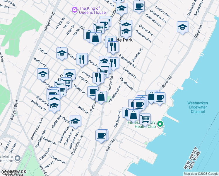 map of restaurants, bars, coffee shops, grocery stores, and more near 352 Gorge Road in Cliffside Park
