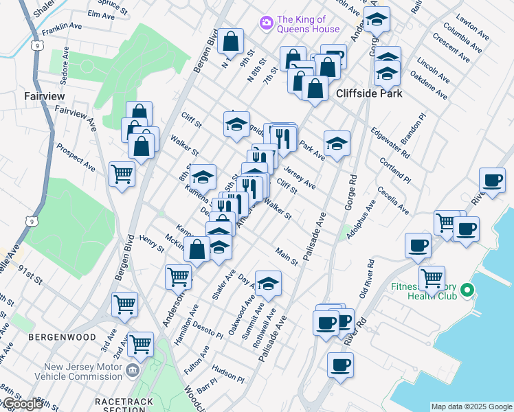 map of restaurants, bars, coffee shops, grocery stores, and more near 239 Anderson Avenue in Fairview