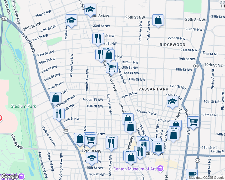 map of restaurants, bars, coffee shops, grocery stores, and more near 1648 Cleveland Avenue Northwest in Canton