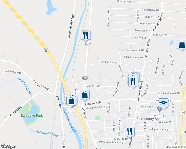 map of restaurants, bars, coffee shops, grocery stores, and more near 1610 1st Street Northeast in Massillon