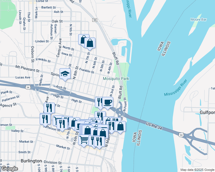 map of restaurants, bars, coffee shops, grocery stores, and more near 915 North 3rd Street in Burlington