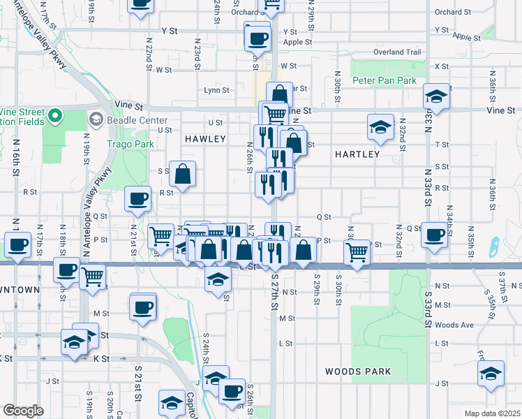 map of restaurants, bars, coffee shops, grocery stores, and more near 335 North 27th Street in Lincoln