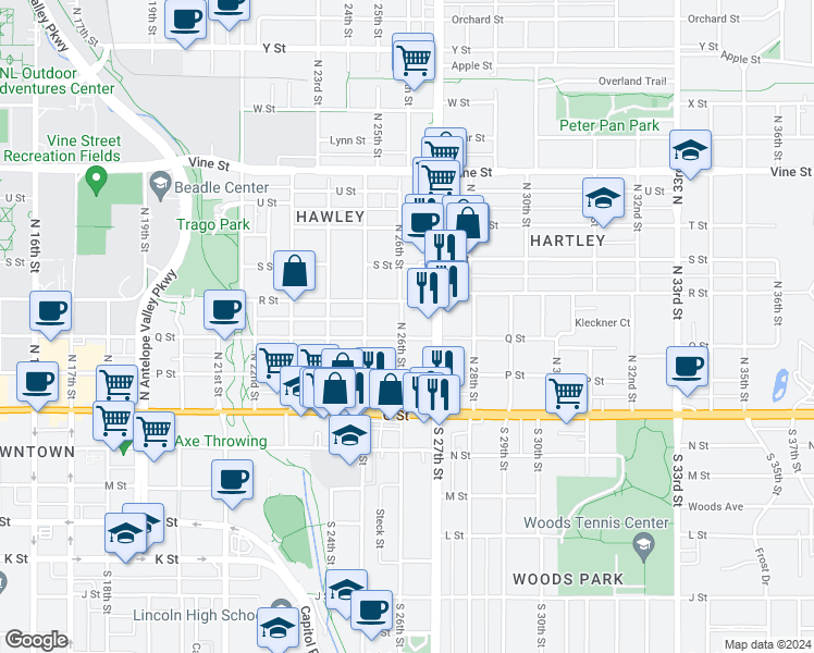 map of restaurants, bars, coffee shops, grocery stores, and more near 333 North 26th Street in Lincoln