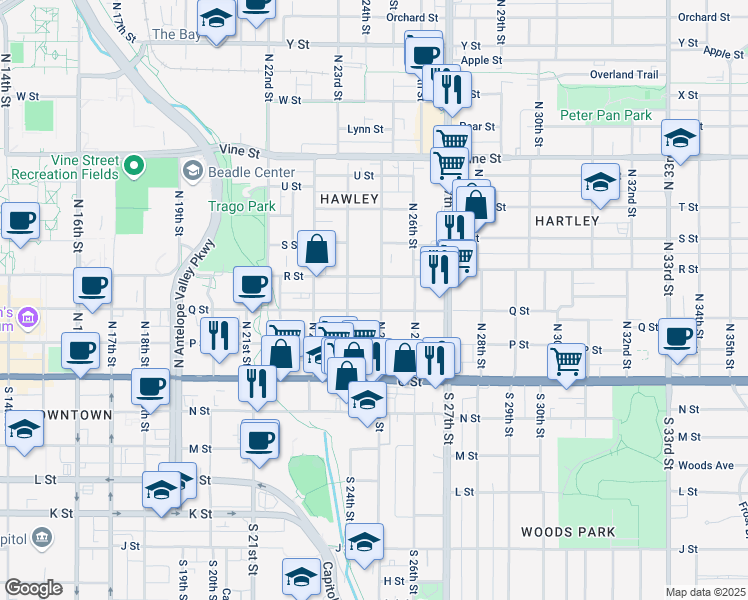 map of restaurants, bars, coffee shops, grocery stores, and more near 2445 R Street in Lincoln
