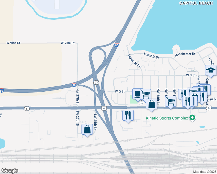 map of restaurants, bars, coffee shops, grocery stores, and more near 2235 West Q Street in Lincoln
