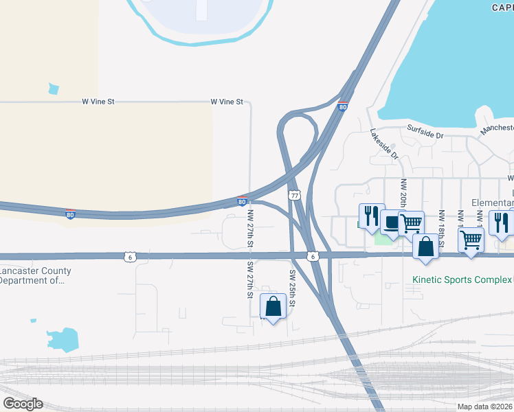 map of restaurants, bars, coffee shops, grocery stores, and more near Interstate 80 in Lincoln