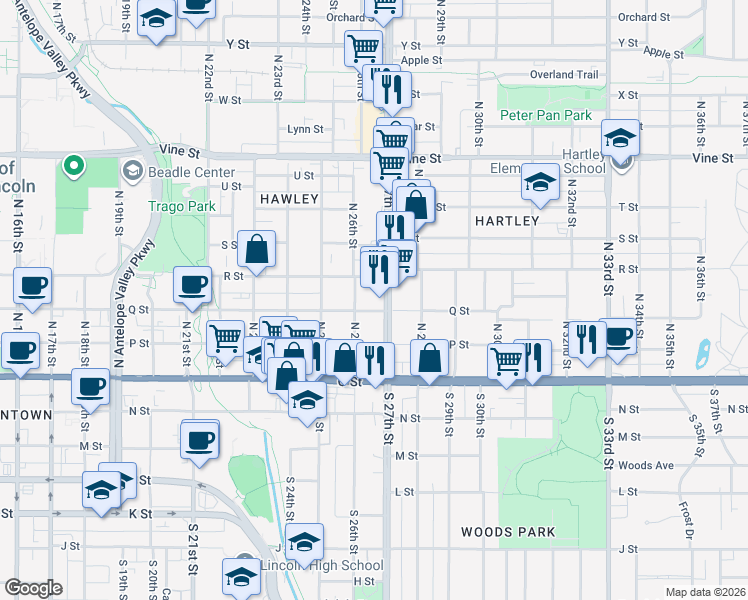 map of restaurants, bars, coffee shops, grocery stores, and more near 335 North 27th Street in Lincoln