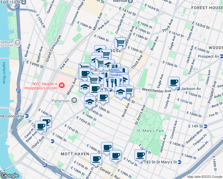 map of restaurants, bars, coffee shops, grocery stores, and more near 3rd Avenue & East 149th Street in Bronx