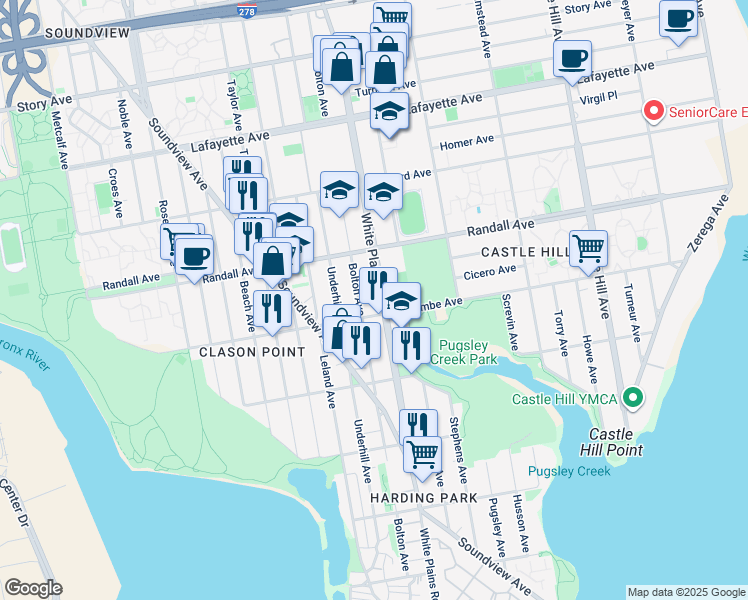 map of restaurants, bars, coffee shops, grocery stores, and more near 531 White Plains Road in Bronx