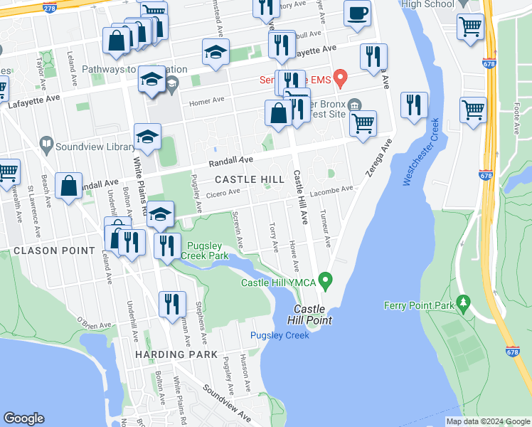 map of restaurants, bars, coffee shops, grocery stores, and more near 455 Torry Avenue in The Bronx