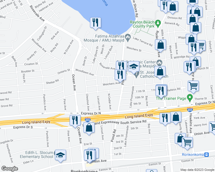 map of restaurants, bars, coffee shops, grocery stores, and more near 74 Weichers Avenue in Ronkonkoma