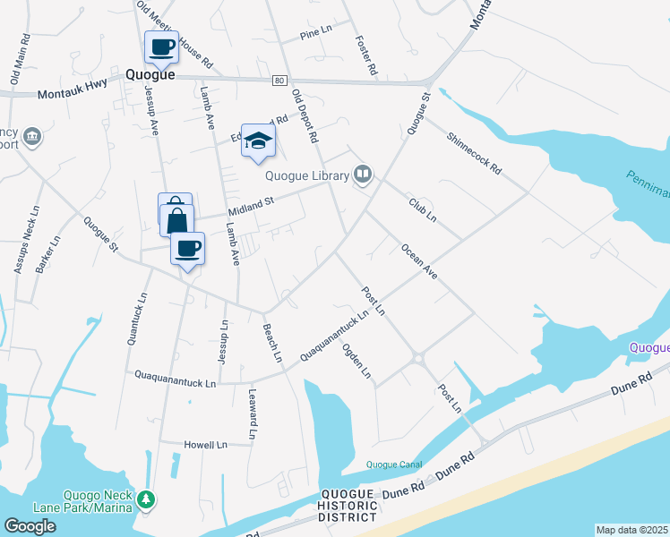 map of restaurants, bars, coffee shops, grocery stores, and more near 2 Post Lane in Quogue