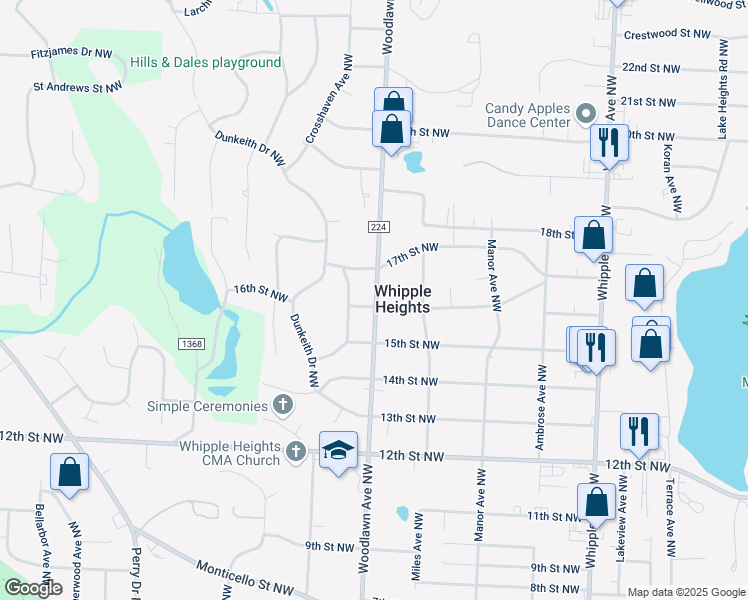 map of restaurants, bars, coffee shops, grocery stores, and more near 1619 Woodlawn Avenue Northwest in Canton