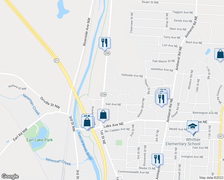 map of restaurants, bars, coffee shops, grocery stores, and more near 1610 1st Street Northeast in Massillon