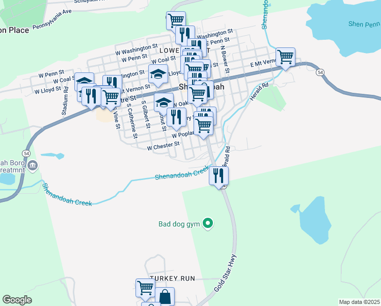 map of restaurants, bars, coffee shops, grocery stores, and more near 408 South Jardin Street in Shenandoah