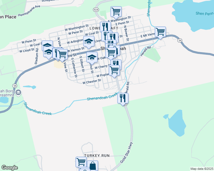 map of restaurants, bars, coffee shops, grocery stores, and more near 408 South Jardin Street in Shenandoah
