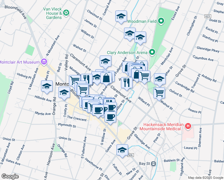 map of restaurants, bars, coffee shops, grocery stores, and more near 188 Claremont Avenue in Montclair