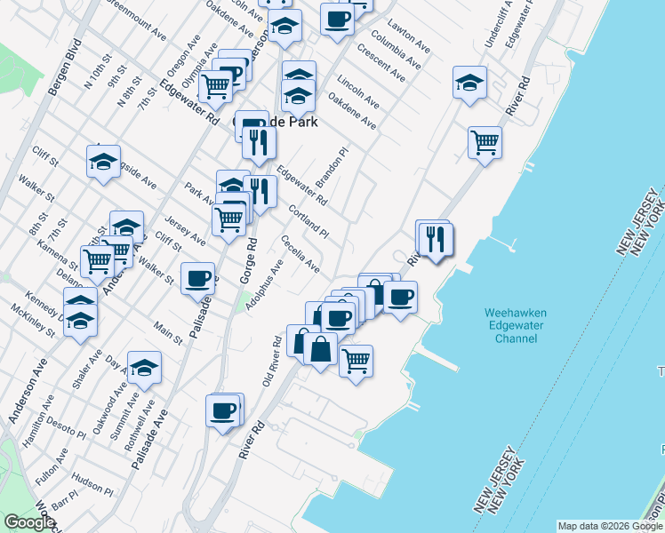 map of restaurants, bars, coffee shops, grocery stores, and more near 20 Edgewater Road in Cliffside Park